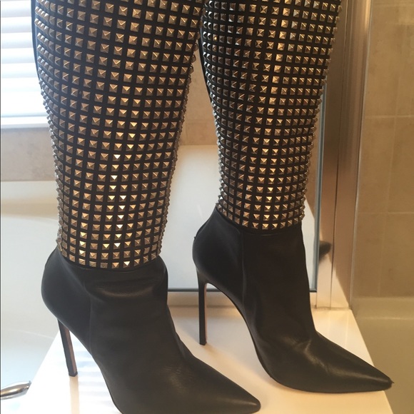 Manolo Blahnik Studded Black Leather Boots - Picture 3 of 7